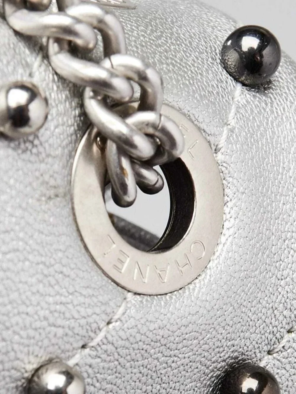 Chanel Silver Chevron Quilted Leather Studded Rectangular Mini Flap Bag